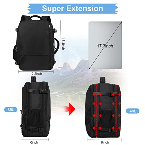 Hanples Extra Large Travel Backpack for Women as Person Item Flight Approved, 40L Carry On Backpack, 17 Inch Laptop Backpack, Waterproof Backpack, Hiking Backpack, Casual Bag Backpack(Black)