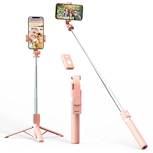 Selfie Stick Tripod with Remote 44 inch Bluetooth Selfie Stick Wireless Extendable Upgrade Portable Lightweight Tripod for iPhone 14 13 12 11 Pro Max Samsung Galaxy S22 S21 Android (Pink)