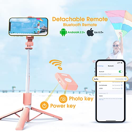 Selfie Stick Tripod with Remote 44 inch Bluetooth Selfie Stick Wireless Extendable Upgrade Portable Lightweight Tripod for iPhone 14 13 12 11 Pro Max Samsung Galaxy S22 S21 Android (Pink)