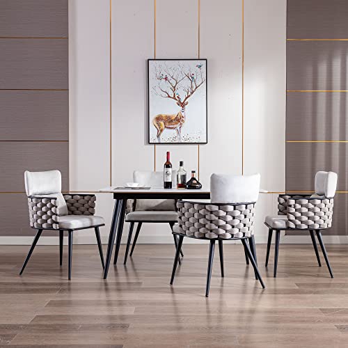 BFZ Mid-Century Modern Dining Chairs Set of 4, Handmade Woven Kitchen Chairs, Upholstered Velvet Chairs with Metal Legs, Living Room