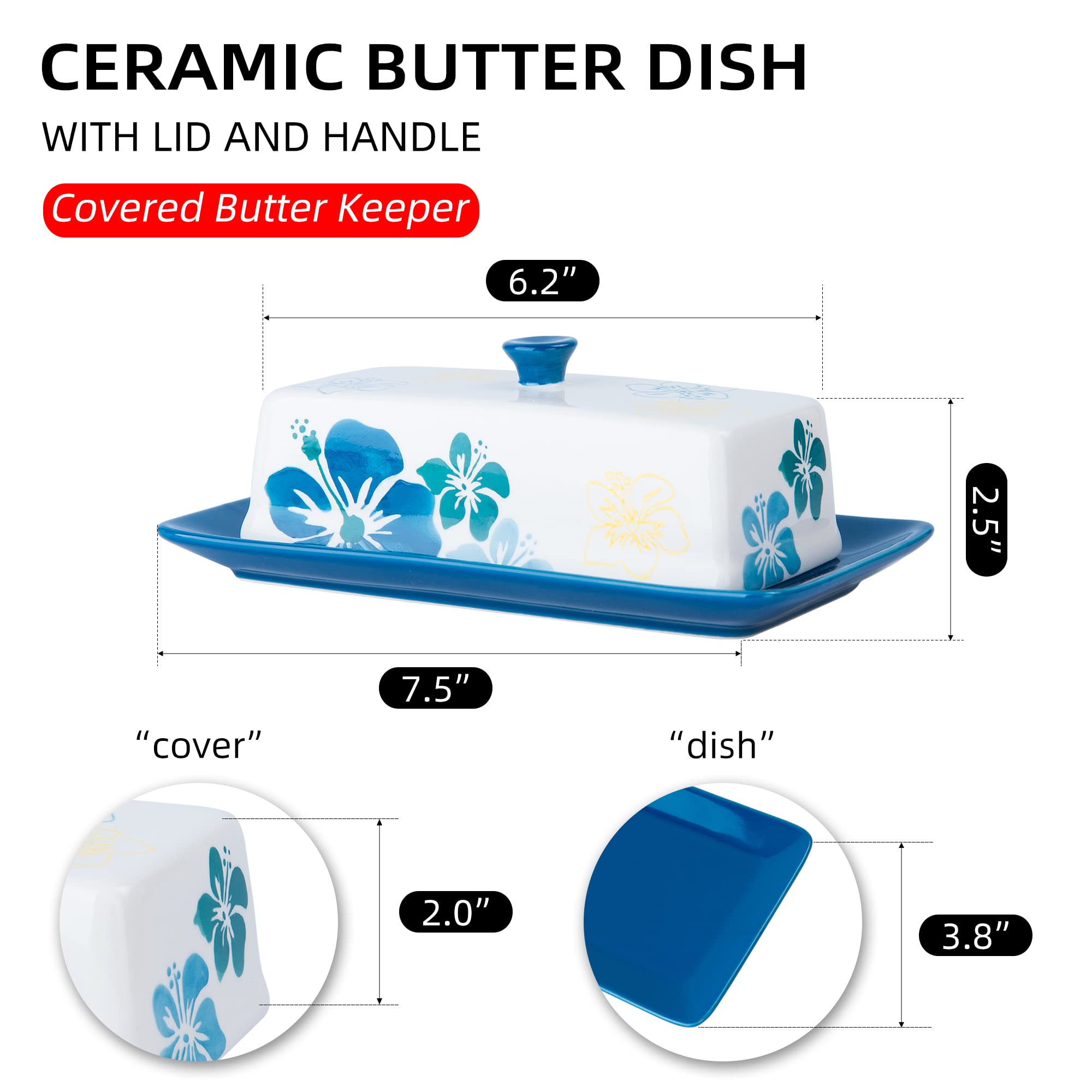 SAGOSKAT Butter Dish Ceramic Butter Keeper Butter Dish with Lid, Butter Container, Dishwasher Safe, Blue