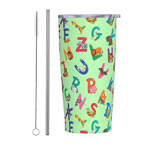 Green Animal Alphabet ABC Tumbler With Lid and Straw 20 Oz Travel Coffee Mug Reusable Food Grade Vacuum Water Glasses Thermal Cup Stainless Steel Insulated Coffee Cups for Ice Drinks and Hot Beverage