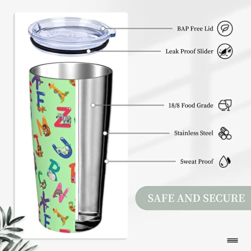 Green Animal Alphabet ABC Tumbler With Lid and Straw 20 Oz Travel Coffee Mug Reusable Food Grade Vacuum Water Glasses Thermal Cup Stainless Steel Insulated Coffee Cups for Ice Drinks and Hot Beverage