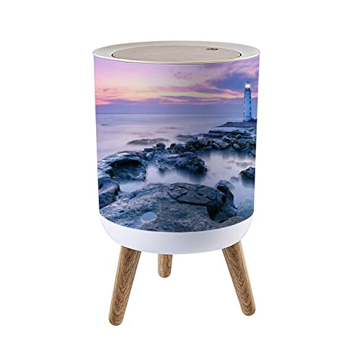 KSYGYFRUDE Small Trash Can with Lid Lighthouse Round Garbage Can Press Cover Wastebasket Wood Waste Bin for Bathroom Kitchen Office 7L/1.8 Gallon