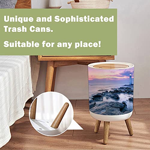 KSYGYFRUDE Small Trash Can with Lid Lighthouse Round Garbage Can Press Cover Wastebasket Wood Waste Bin for Bathroom Kitchen Office 7L/1.8 Gallon