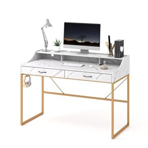 linsy home computer desk with drawers, 47-inch writing desk study table with monitor stand riser for home office, white