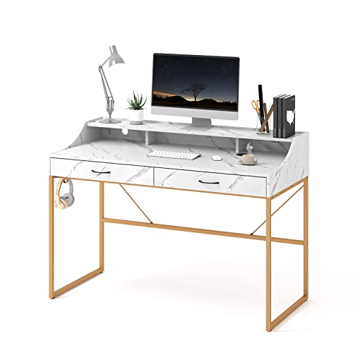 LINSY HOME Computer Desk with Drawers, 47-inch Writing Desk Study Table with Monitor Stand Riser for Home Office, White