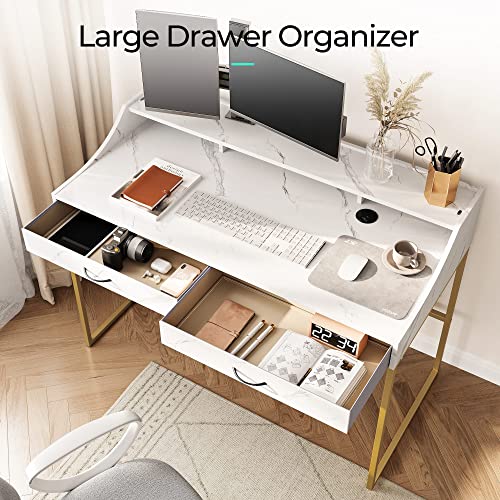 LINSY HOME Computer Desk with Drawers, 47-inch Writing Desk Study Table with Monitor Stand Riser for Home Office, White