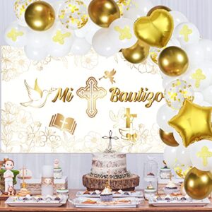 66 Pcs Baptism Party Decorations Mi Bautizo Backdrop Balloons Arch Garland Baptism Backdrop Gold Balloons for Boys Girls First Holy Communion Christening Celebration Accessories Photo Background