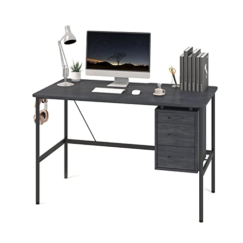 LINSY HOME Computer Desk 47 inch with 3 Drawer, Writing Desk Study Table with Monitor Stand Groove for Home Office, Black