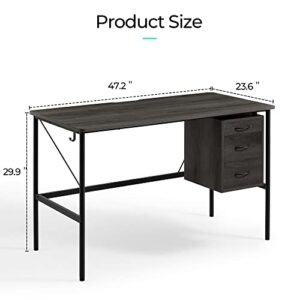 LINSY HOME Computer Desk 47 inch with 3 Drawer, Writing Desk Study Table with Monitor Stand Groove for Home Office, Black