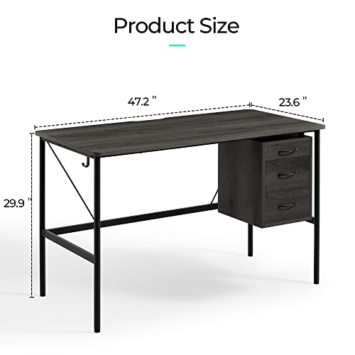 LINSY HOME Computer Desk 47 inch with 3 Drawer, Writing Desk Study Table with Monitor Stand Groove for Home Office, Black