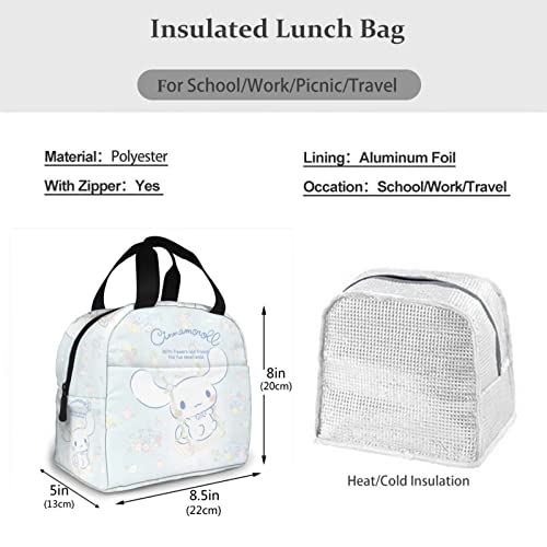 Blue Floral Anime Lunch Bag For Women Girl Insulated Portable Reusable Kawaii Tote Lunch Box With Compartments For Picnic Work School Travel