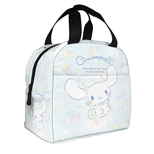 Blue Floral Anime Lunch Bag For Women Girl Insulated Portable Reusable Kawaii Tote Lunch Box With Compartments For Picnic Work School Travel