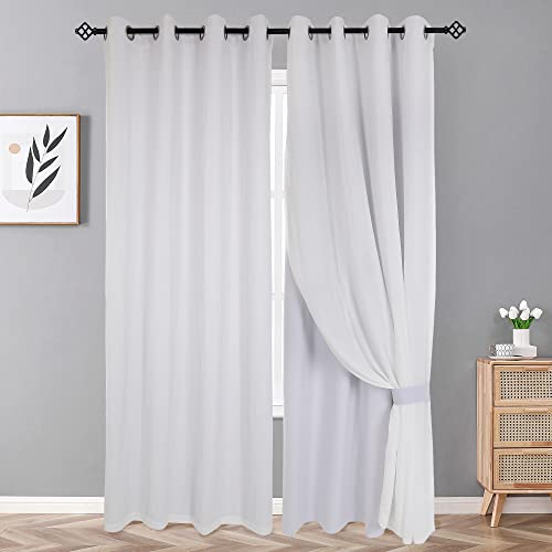 OWENIE Double Layer Blackout Curtains 96 Inches Length 2 Panels Set- Faux Cotton & Total Blackout Curtain Liner White Drapes, Soft Crushed Elegant Window Panels with 2 Tiebacks, Set of 4, 50W x96L