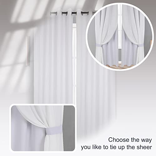 OWENIE Double Layer Blackout Curtains 96 Inches Length 2 Panels Set- Faux Cotton & Total Blackout Curtain Liner White Drapes, Soft Crushed Elegant Window Panels with 2 Tiebacks, Set of 4, 50W x96L