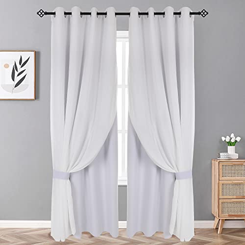 OWENIE Double Layer Blackout Curtains 96 Inches Length 2 Panels Set- Faux Cotton & Total Blackout Curtain Liner White Drapes, Soft Crushed Elegant Window Panels with 2 Tiebacks, Set of 4, 50W x96L