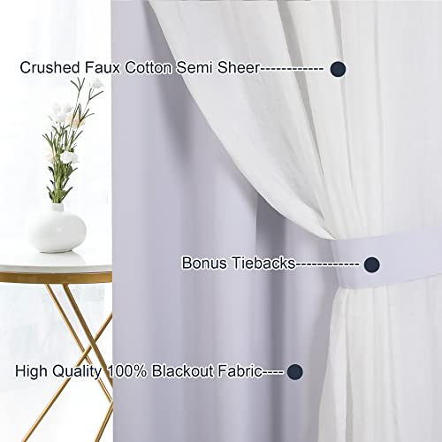 OWENIE Double Layer Blackout Curtains 96 Inches Length 2 Panels Set- Faux Cotton & Total Blackout Curtain Liner White Drapes, Soft Crushed Elegant Window Panels with 2 Tiebacks, Set of 4, 50W x96L