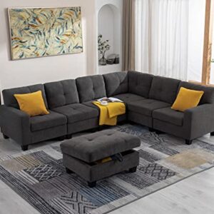 asunflower Modular Fabric Couch Sectional Sofa Middle Section Velvet Couch for Living Room Furniture Set, Deep Grey