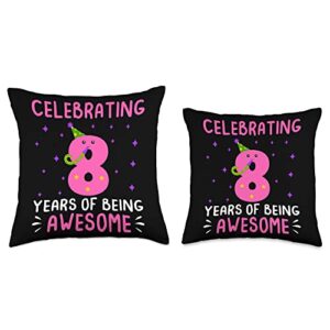 8 Years Old Girl Birthday Gift Celebrating 8 Years of Being Awesome 8th Birthday for Girls Throw Pillow, 16x16, Multicolor