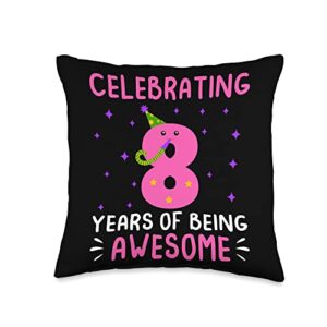 8 years old girl birthday gift celebrating 8 years of being awesome 8th birthday for girls throw pillow, 16x16, multicolor
