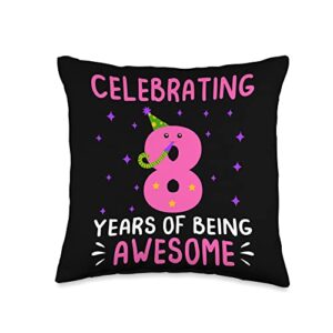 8 Years Old Girl Birthday Gift Celebrating 8 Years of Being Awesome 8th Birthday for Girls Throw Pillow, 16x16, Multicolor