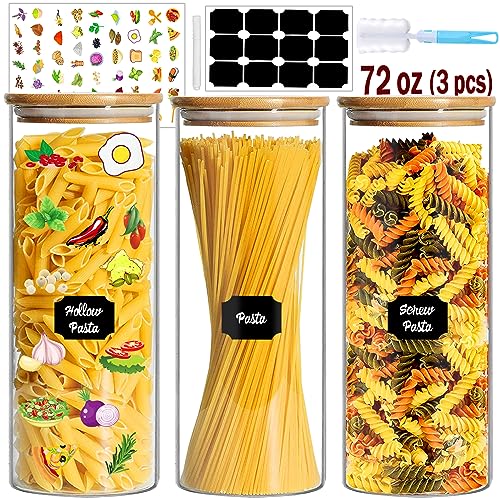 BGraceyy Glass Jars with Bamboo Lids, 72 oz 3 Pcs Kitchen Glass Containers with Bamboo Lids, Airtight Glass Pantry Storage Containers with Lids for Spaghetti, Pasta, Rice, Nuts, Flour, Bean, Dry Foods