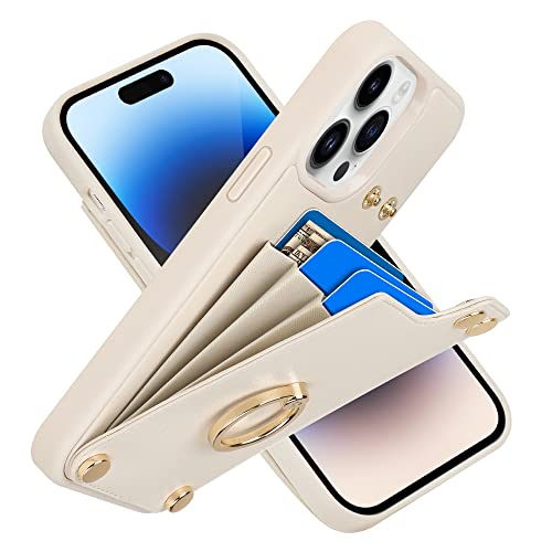 LAMEEKU Compatible with iPhone 14 Pro Wallet Case 6.1'', Leather with Card Holder, 360°Rotation Ring Stand, RFID Blocking Snap Button Protective Designed for Apple Beige (2022)