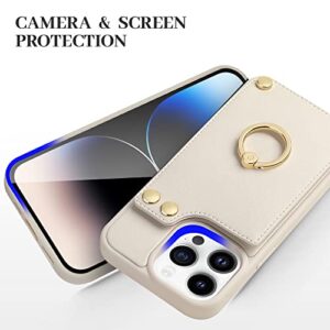 LAMEEKU Compatible with iPhone 14 Pro Wallet Case 6.1'', Leather with Card Holder, 360°Rotation Ring Stand, RFID Blocking Snap Button Protective Designed for Apple Beige (2022)