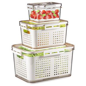 Vegetable Fruit Storage Containers for Fridge Organizer with Lid & Colander 3 Pack BPA-Free Produce Saver Containers for Lettuce Berry Stay Fresh,Lettuce Keeper for Fridge Organizers and Storage Clear