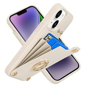 LAMEEKU Wallet Case Compatible with iPhone 14, Case with Card Holder, RFID Blocking Leather Cover 360°Rotation Ring Kickstand Protective Bumper Designed for Apple iPhone 14 6.1'' (2022) Beige