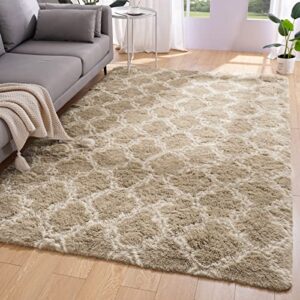 idailic fluffy shag area rug plush carpet 5x8 ft modern moroccan rugs for bedroom,living room,dining room,playroom,dorm,office,home decor,large rug fuzzy indoor rug,beige and white