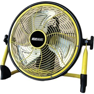 lifesmart 12-inch rechargeable battery powered fan with variable speeds, non slip feet, usb charging port, and built in carrying handle in yellow