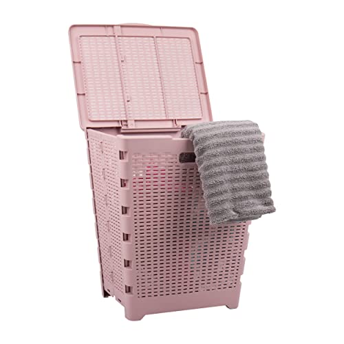 Mind Reader Basket Collection, Foldable Laundry Hamper, 61 Liter (10kg/22lbs) Capacity, Cut Out Handles, Attached Hinged Lid, Ventilated, 14.5"L x 18"W x 21.25"H, Pink