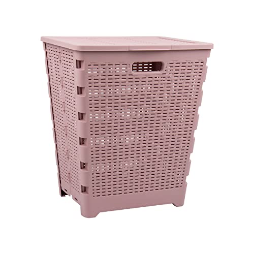 Mind Reader Basket Collection, Foldable Laundry Hamper, 61 Liter (10kg/22lbs) Capacity, Cut Out Handles, Attached Hinged Lid, Ventilated, 14.5"L x 18"W x 21.25"H, Pink