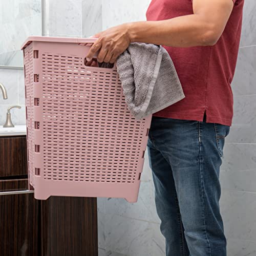 Mind Reader Basket Collection, Foldable Laundry Hamper, 61 Liter (10kg/22lbs) Capacity, Cut Out Handles, Attached Hinged Lid, Ventilated, 14.5"L x 18"W x 21.25"H, Pink