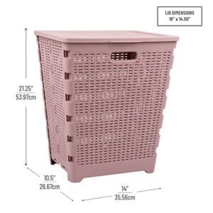 Mind Reader Basket Collection, Foldable Laundry Hamper, 61 Liter (10kg/22lbs) Capacity, Cut Out Handles, Attached Hinged Lid, Ventilated, 14.5"L x 18"W x 21.25"H, Pink