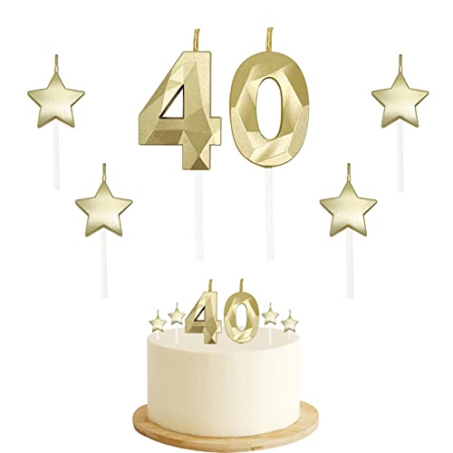 40th Birthday Candles for Cake - Number 40 & 4 & 0 Birthday Candles and Glitter Star Birthday Candles 2 Inch 3D Diamond Shape Number Candles for Birthday Party Anniversary Kids Adults(Gold)