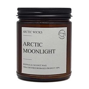 arctic moonlight | arctic wicks handmade scented coconut beeswax candle | natural coconut beeswax 9oz amber jar | farmhouse candles high-quality wax non-toxic clean burn 100% usda certified biobased