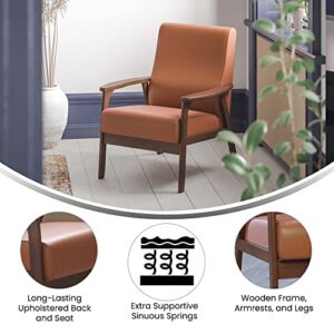 Flash Furniture Langston Commercial Mid Century Modern Chair - Cognac LeatherSoft Upholstery - Walnut Finish Wooden Frame and Arms - Extra Supportive Sinuous Springs