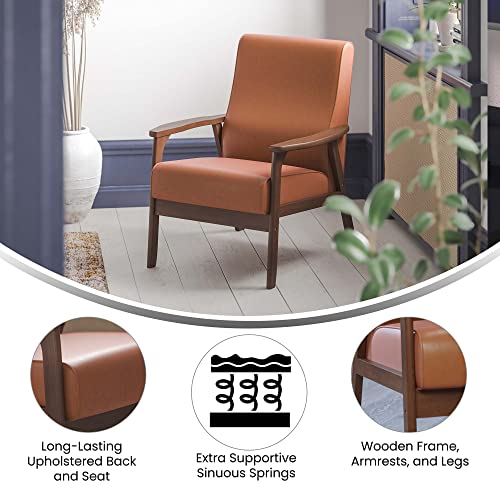 Flash Furniture Langston Commercial Mid Century Modern Chair - Cognac LeatherSoft Upholstery - Walnut Finish Wooden Frame and Arms - Extra Supportive Sinuous Springs