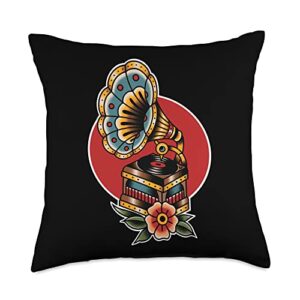 seven relics vintage record player traditional tattoo art, music lover throw pillow, 18x18, multicolor