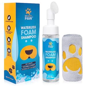 be happy paw dog paw cleaner 6.8fl oz no-rinse waterless shampoo foam paw cleanser with silicone brush and microfiber towel, natural pet paw cleaner for dogs and cats
