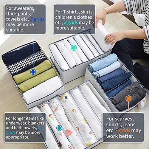 DonYeco 3 Pack Wardrobe Clothes Organizer, 7 Grids Jeans Drawer Closet Organizers and Storage, Dimension 14-1/4" x 9-1/2"x 8" (Compartment width: 2")