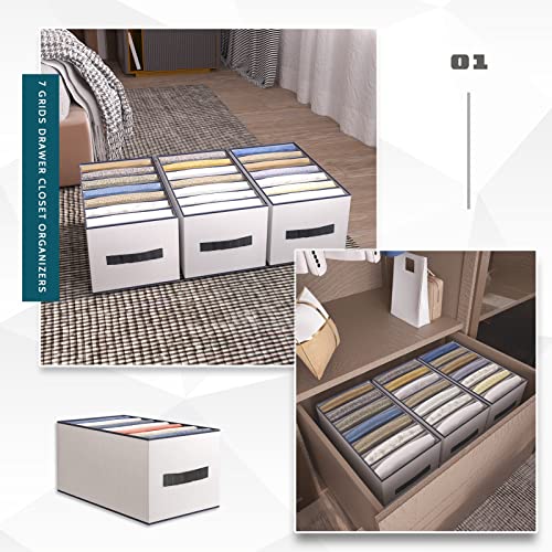 DonYeco 3 Pack Wardrobe Clothes Organizer, 7 Grids Jeans Drawer Closet Organizers and Storage, Dimension 14-1/4" x 9-1/2"x 8" (Compartment width: 2")