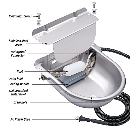 HHNIULI Automatic Heated Water Bowl for Dogs, 110V 304 Stainless Steel Large Outdoor Dog Water Bowl Dispenser Trough Waterer for Dogs Horse Cattle Sheep Goat Cow