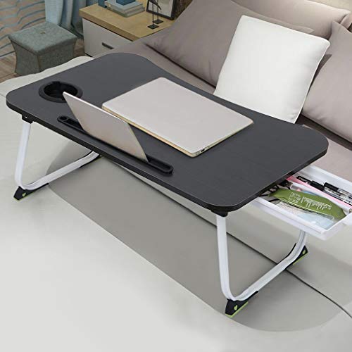 Lazy Laptop Foldable Table Desk Portable Large Bed Tray Desk Multifunction Small Corner Desk with Storage Drawers and Cup Holder Serving Tray Dining Table with Slot for Eating (Color : Black)