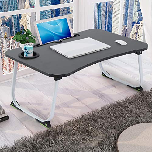 Lazy Laptop Foldable Table Desk Portable Large Bed Tray Desk Multifunction Small Corner Desk with Storage Drawers and Cup Holder Serving Tray Dining Table with Slot for Eating (Color : Black)