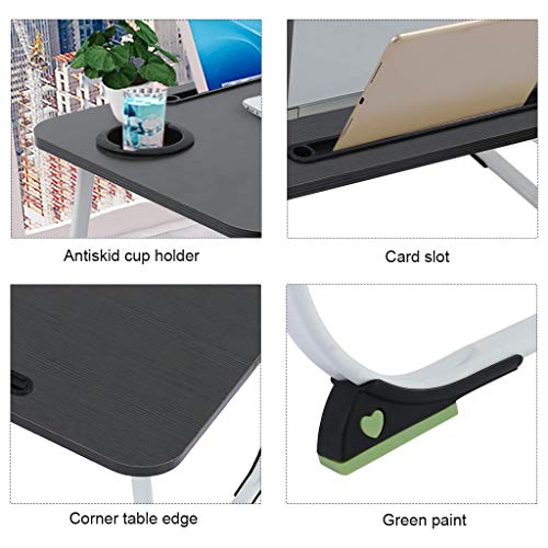 Lazy Laptop Foldable Table Desk Portable Large Bed Tray Desk Multifunction Small Corner Desk with Storage Drawers and Cup Holder Serving Tray Dining Table with Slot for Eating (Color : Black)