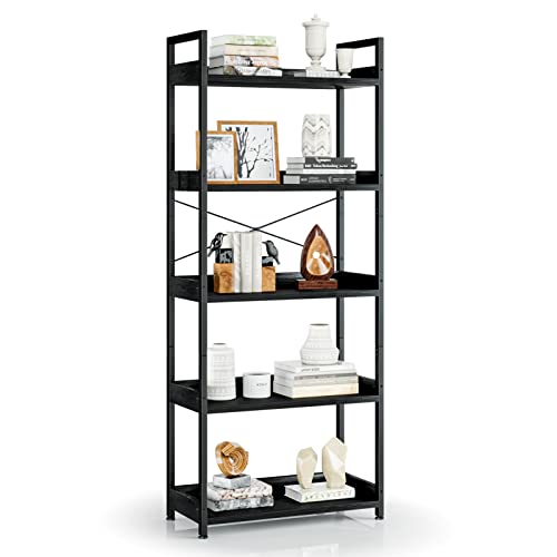 APPOLYN 5 Tier Bookshelf with 2 Hooks, Tall Bookcase, Modern Book Shelves Organizer, Bookshelves for Bedroom, Living Room and Home Office, Black